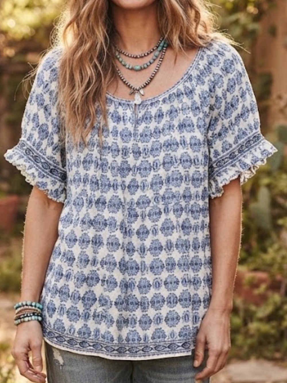 Max Studio Blue White Boho Peasant Blouse 3X Floral Block Print